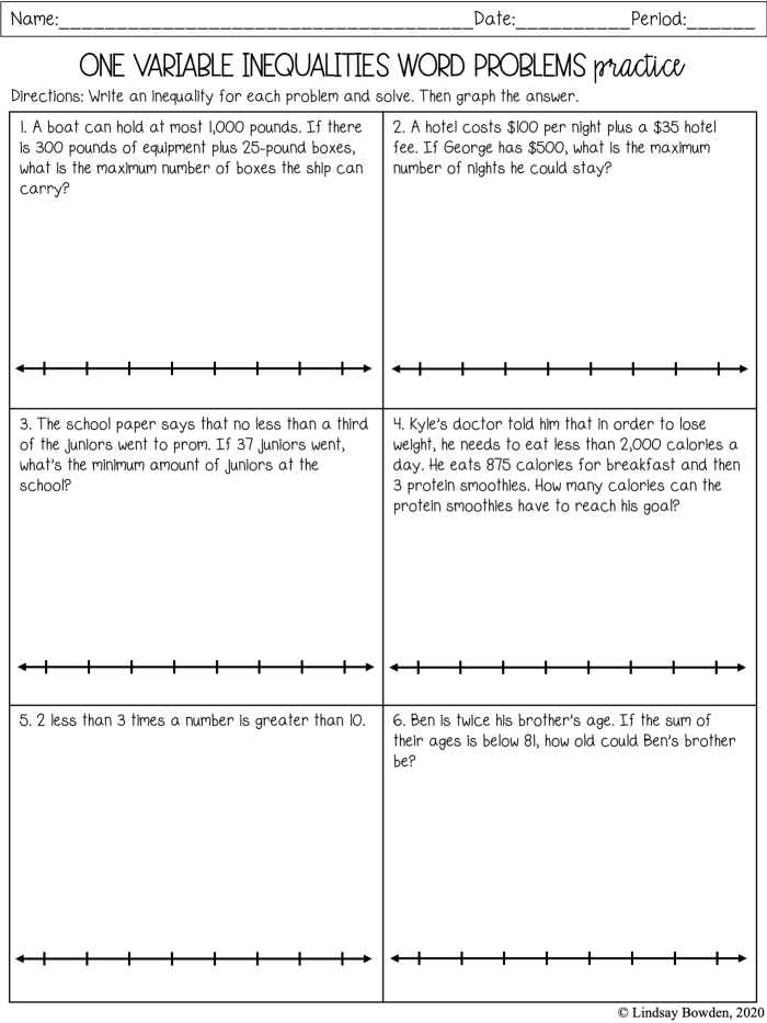 Seventh grade algebra worksheet featuring problems for solving and graphing one-step inequalities