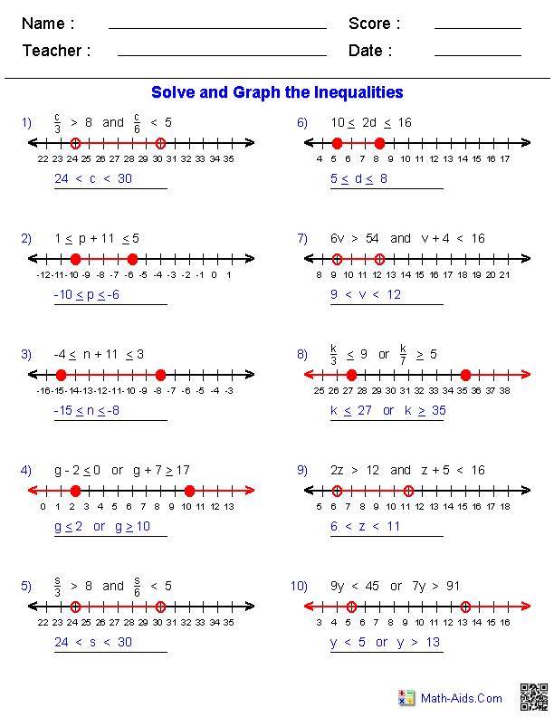 Worksheet featuring one-step inequalities for seventh-grade students