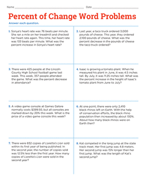 Worksheet featuring percent of change word problems for seventh graders