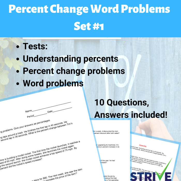 Seventh grade math worksheet featuring percent of change word problems focusing on time and money concepts 14
