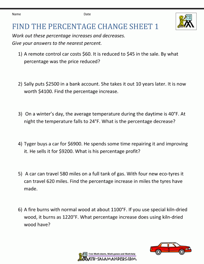 Seventh grade math worksheet featuring percent of change word problems focusing on time and money scenarios