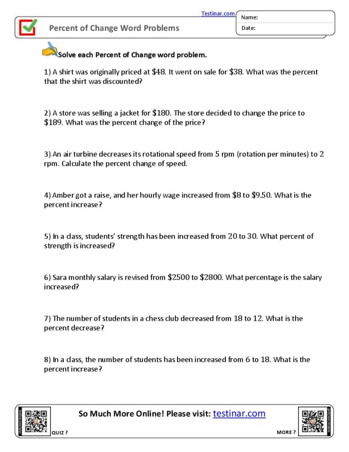 Seventh grade math worksheet featuring percent of change word problems focusing on time and money concepts