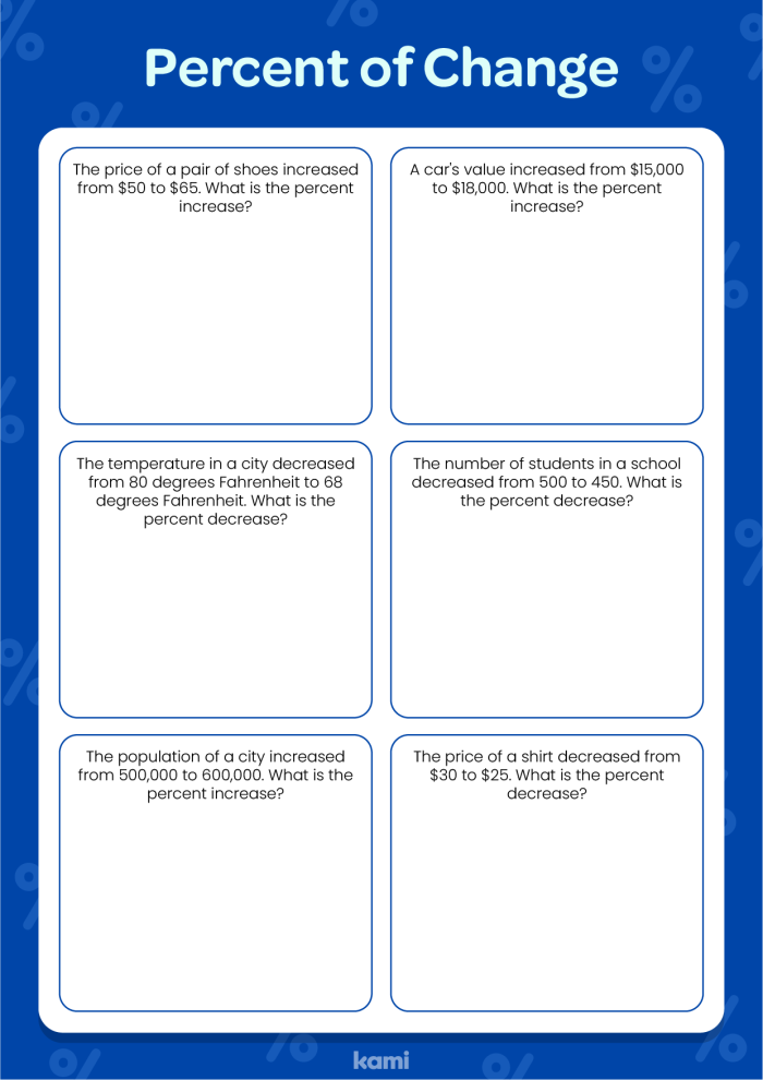 Worksheet featuring percent of change word problems for seventh graders
