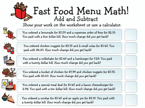 Hungry for Math worksheet featuring percentage-based food problems for seventh graders