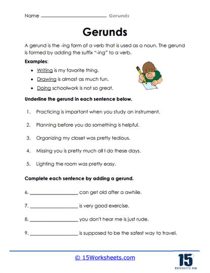 Students completing a grammar worksheet exercise on identifying gerund infinitive and participial phrases with practice sentences