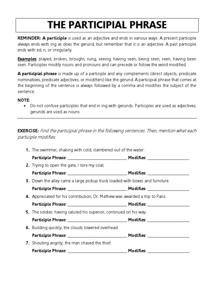 Seventh grade grammar worksheet focusing on identifying and analyzing gerund, infinitive, and participial phrases
