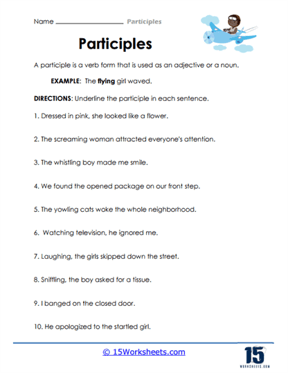 Students completing grammar exercises identifying gerund, infinitive, and participial phrases in sentences