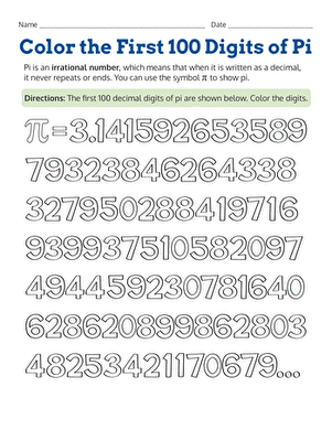 Worksheet for analyzing and graphing the frequency of pi's first 100 digits Graphing worksheet showing the frequency of digits from the first 100 digits of pi for seventh graders