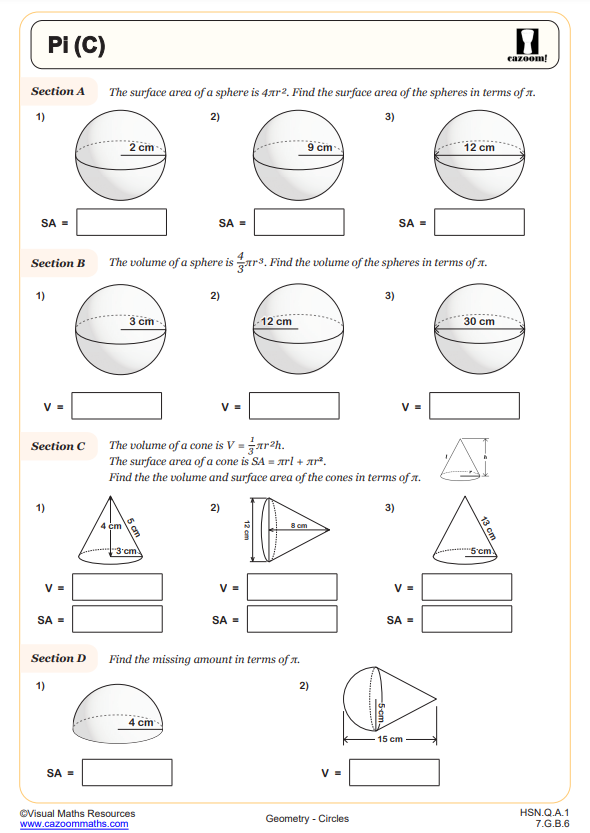 Seventh-grade math worksheet for practicing circle area calculations Worksheet displaying a math exercise on calculating the area of circles using Pi Radius Squared formula