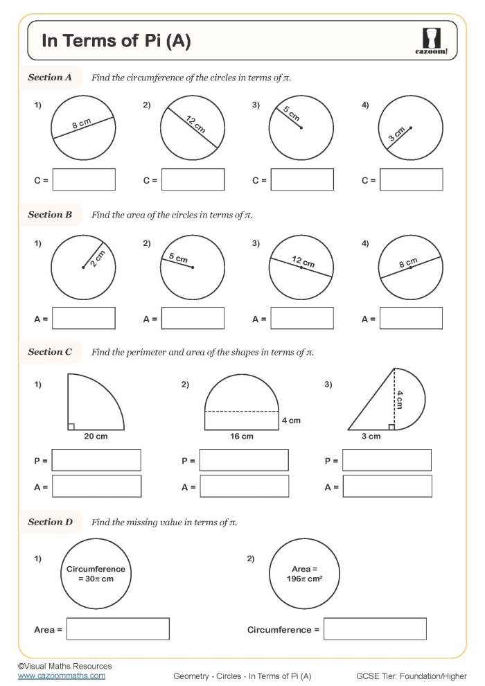 Educational handout on the famous irrational number Pi Worksheet exploring the concept of Pi for seventh grade geometry students
