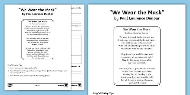 Seventh grade student working on a poetry analysis worksheet for We Wear the Mask by Paul Laurence Dunbar