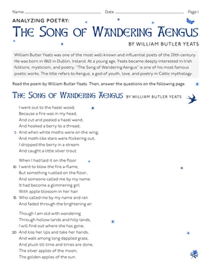Worksheet for analyzing "The Song of Wandering Aengus" by William Butler Yeats