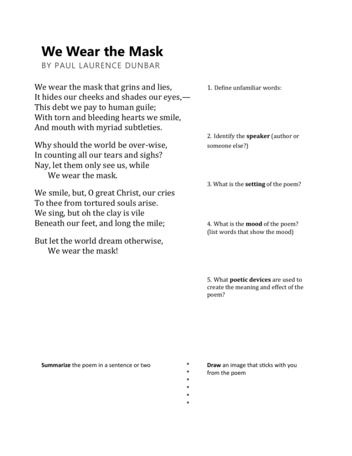 Seventh grade worksheet featuring a poetry analysis activity for We Wear the Mask by Paul Laurence Dunbar