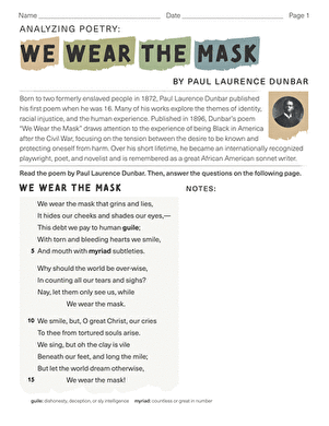 Seventh grade student completing a poetry analysis worksheet on We Wear the Mask by Paul Laurence Dunbar