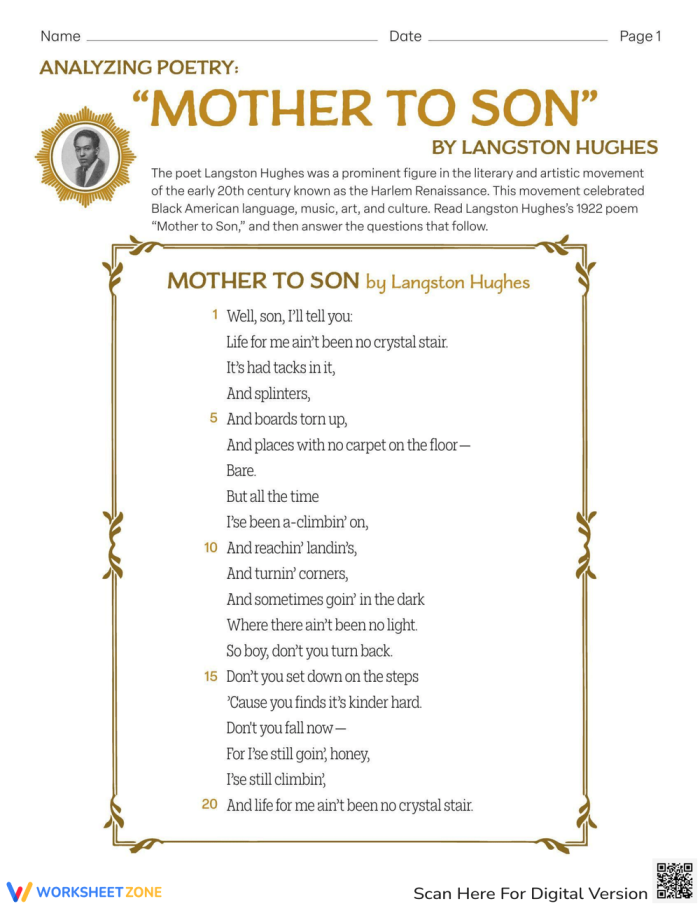 Engaging reading activity on Langston Hughes’s impactful poem for middle school students Worksheet for analyzing the poem "Mother to Son" by Langston Hughes for seventh graders