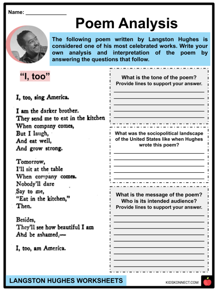 Analyzing Poetry Mother to Son by Langston Hughes Worksheet 14 Seventh grade student worksheet featuring the poem Mother to Son by Langston Hughes for reading practice
