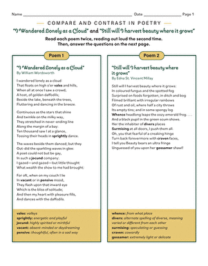 Compare and contrast worksheet for "I Wandered Lonely as a Cloud" and "Still will I harvest beauty where it grows Worksheet featuring an analysis of beauty in two poems for seventh graders