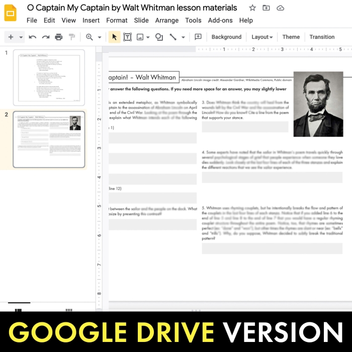 Seventh-grade students analyzing figurative language in Walt Whitman's O Captain! My Captain! poetry worksheet with comprehension questions