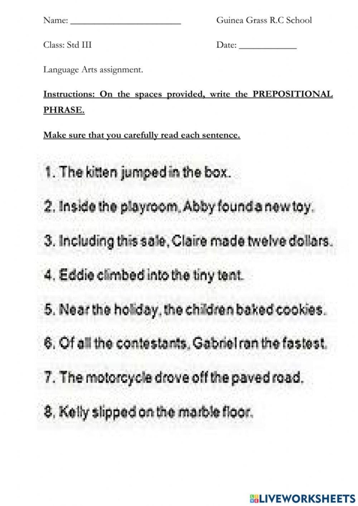 Practice worksheet showing prepositional phrase identification activity for middle school English class Seventh grade student completing a grammar worksheet exercise on identifying prepositional phrases in sentences