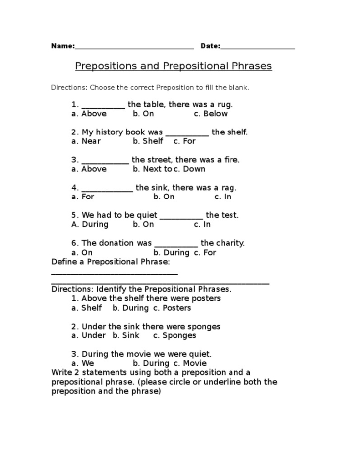 Prepositional Phrases Practice Worksheet for Middle School Students Seventh grade student completing a grammar worksheet on identifying prepositional phrases with example sentences