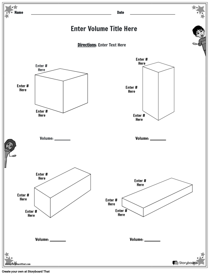 Worksheet for calculating the volume of various right prisms for seventh-grade students