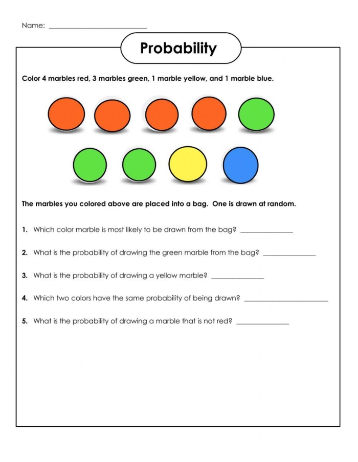 Seventh grade math worksheet featuring a colorful bag of fruit for practicing basic probability calculations