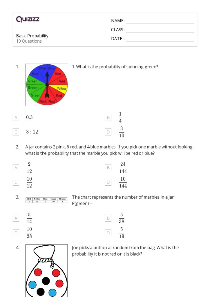 Seventh grade math worksheet featuring a colorful bag of fruit for probability exercises