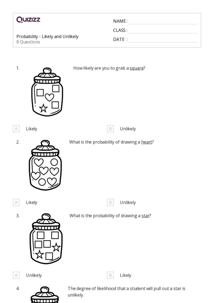A seventh grade math worksheet featuring colorful fruit illustrations to teach students the basics of probability