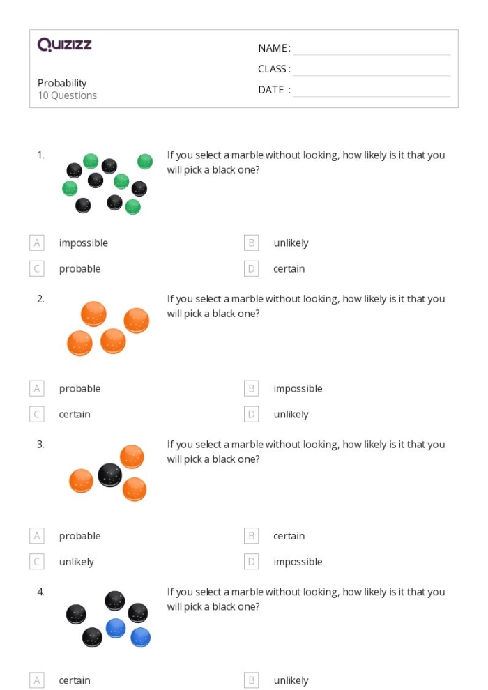 A seventh grade math worksheet featuring colorful fruit illustrations to teach students the basics of probability