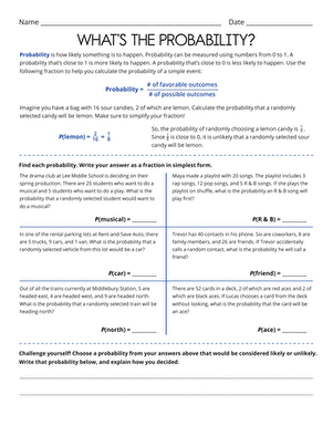 Math worksheet for seventh graders focusing on calculating probability in everyday situations