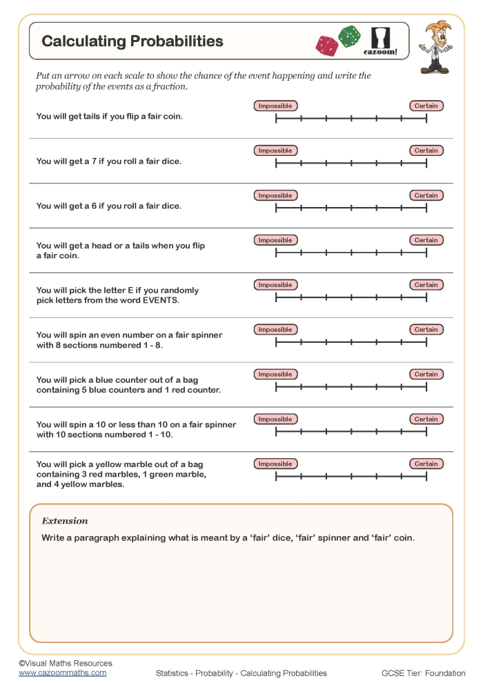 A student completing a seventh-grade math worksheet on probability models and data predictions