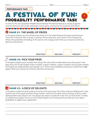 Students engaging in a probability performance task worksheet focused on multiplication concepts. A Festival of Fun: Probability Performance Task worksheet for seventh graders.