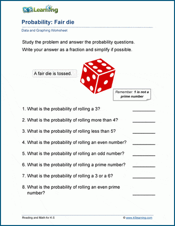 Seventh grade math worksheet featuring mixed operations problems to calculate the probability of simple events.