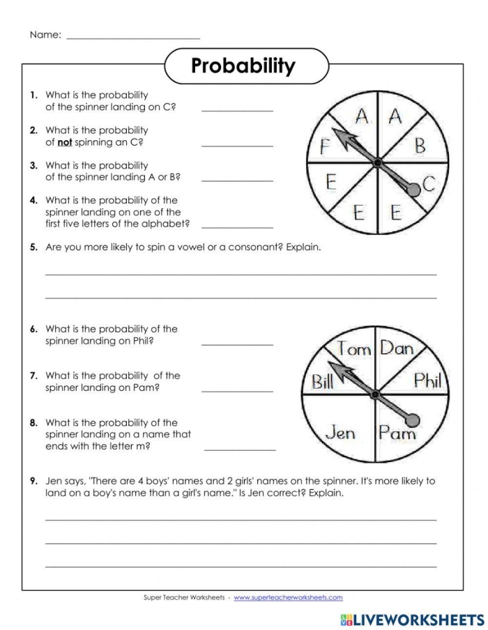 Math worksheet for seventh graders focusing on probability calculations in everyday situations