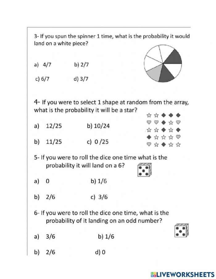 Seventh grade math worksheet featuring probability problems and mixed operations for student practice