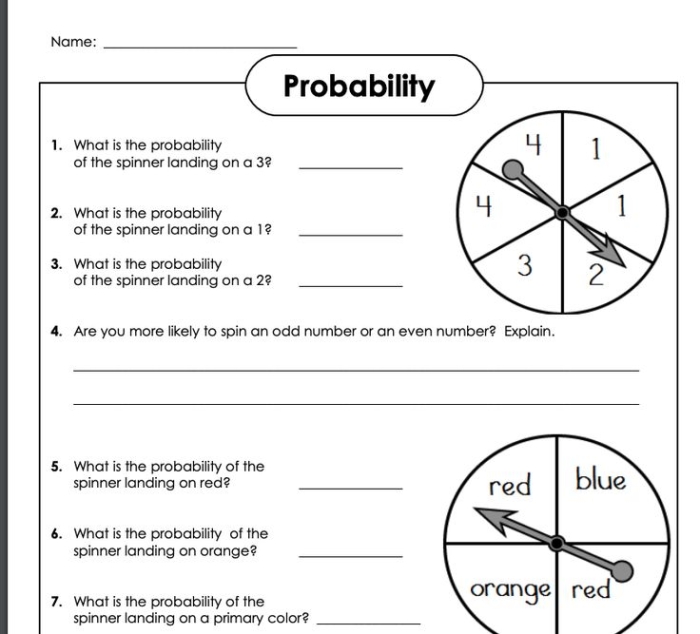 Seventh grade math worksheet focusing on calculating probability with real-life examples