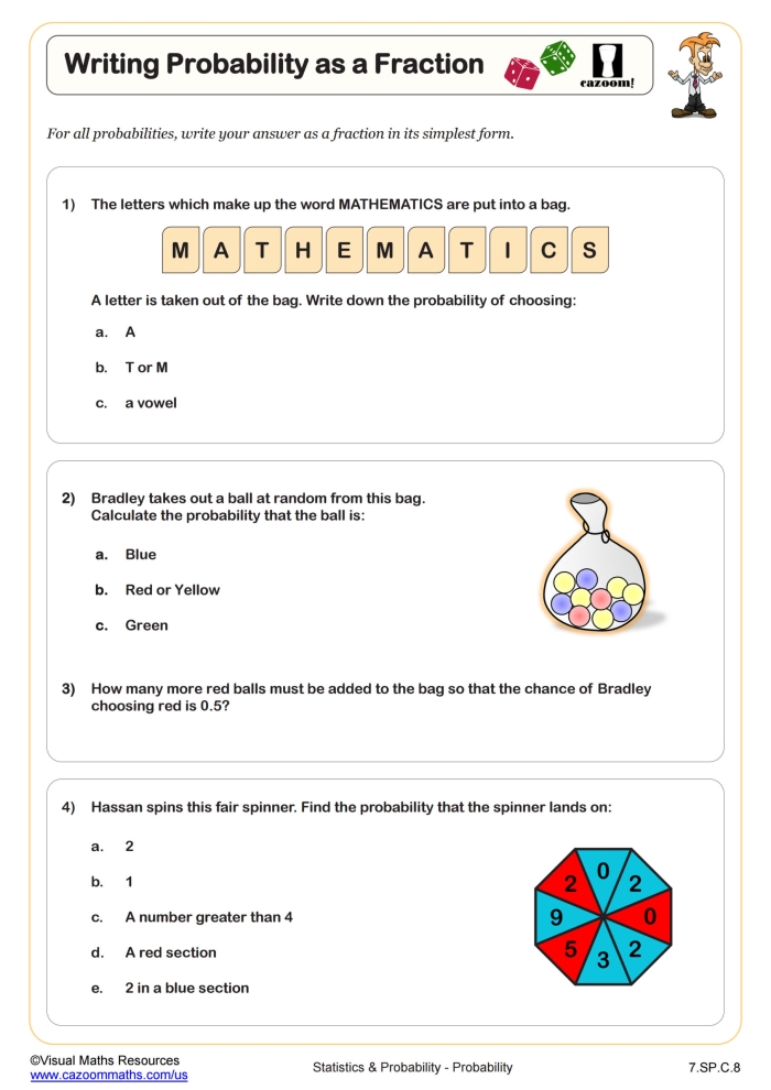 Seventh grade math worksheet focused on probability calculations with engaging examples