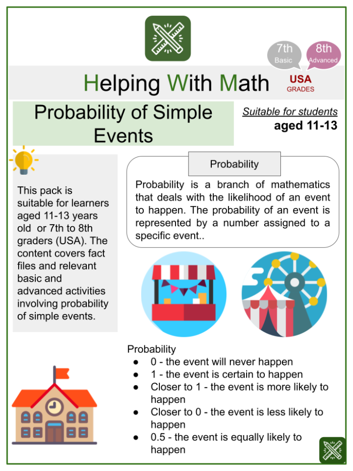 Seventh grade math worksheet featuring various word problems on calculating the probability of simple events
