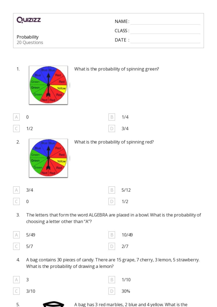 Seventh grade worksheet featuring a probability performance task for students