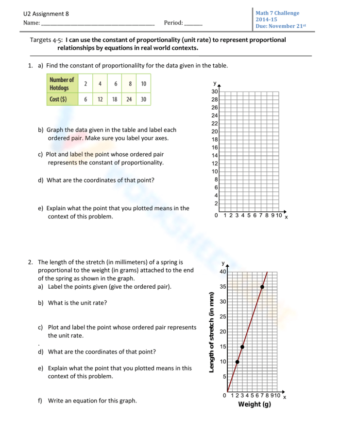 Seventh grade math worksheet featuring practice problems to identify proportional relationships from linear graphs