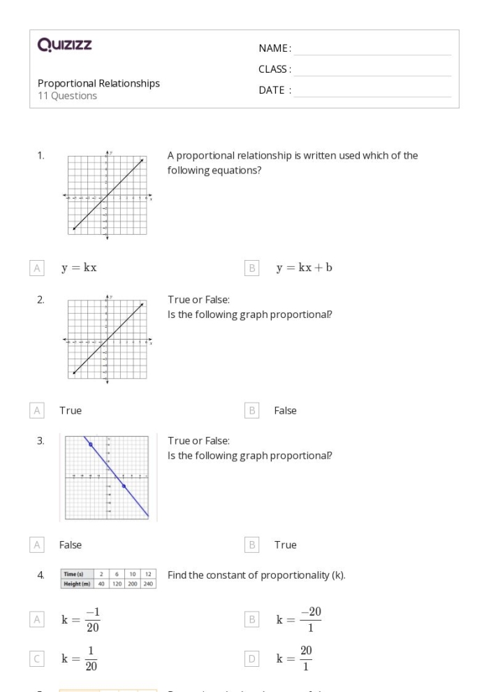 Seventh grade students practicing how to identify proportional relationships from linear graphs on a math worksheet