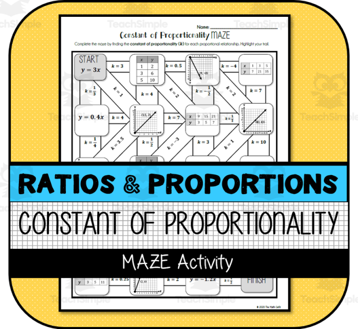 Seventh grade math worksheet showing a table with proportional relationship values and space for students to calculate the constant of proportionality