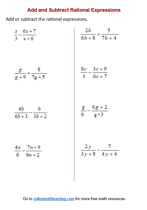 Worksheet for practicing the addition and subtraction of rational numbers for seventh graders