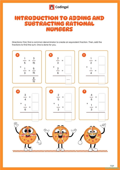 Seventh-grade math worksheet featuring exercises on adding and subtracting rational numbers, including fractions and decimals