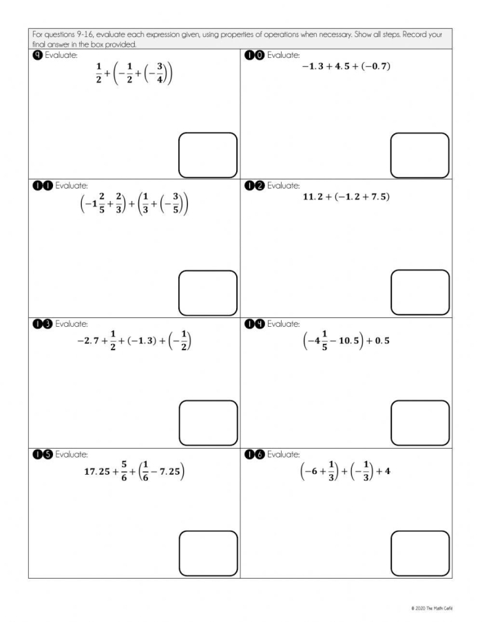 Worksheet featuring problems on adding and subtracting rational numbers for seventh graders