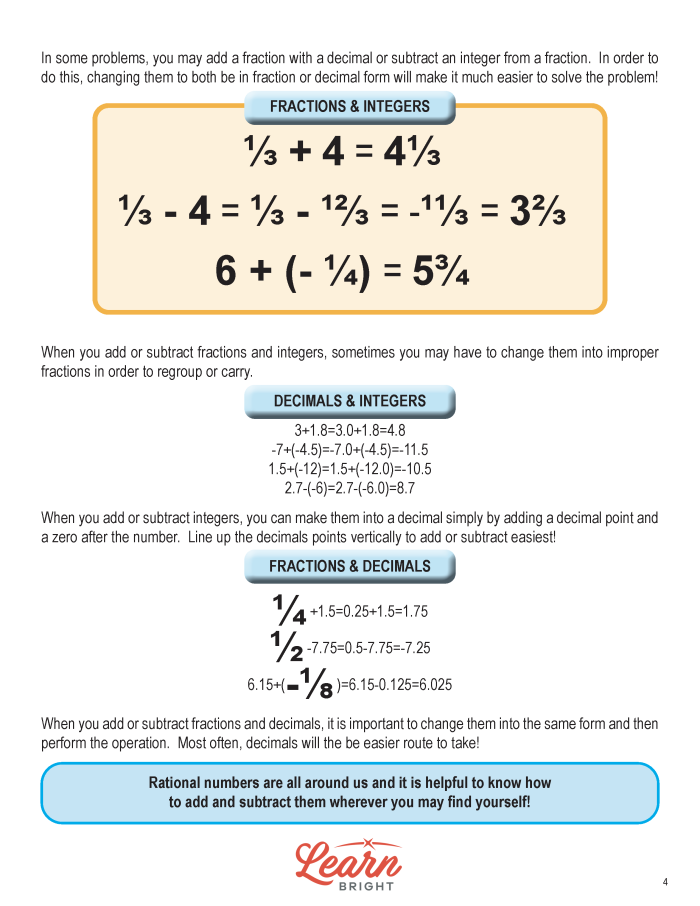 Seventh-grade math worksheet focused on adding and subtracting rational numbers with fractions and decimals