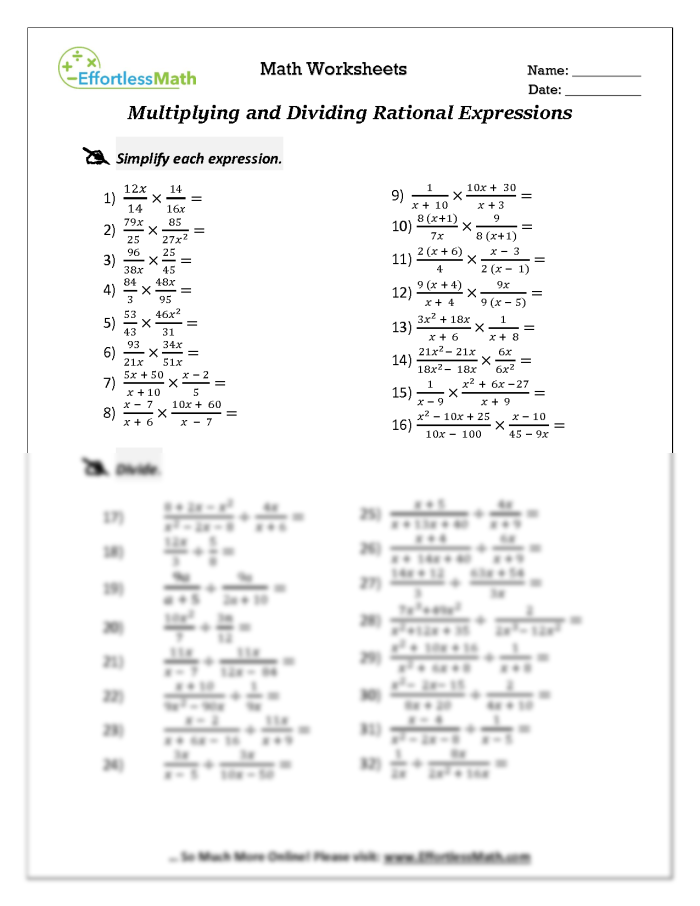 Seventh-grade worksheet on rational numbers: multiplying and dividing practice Worksheet featuring exercises on multiplying and dividing rational numbers for seventh graders
