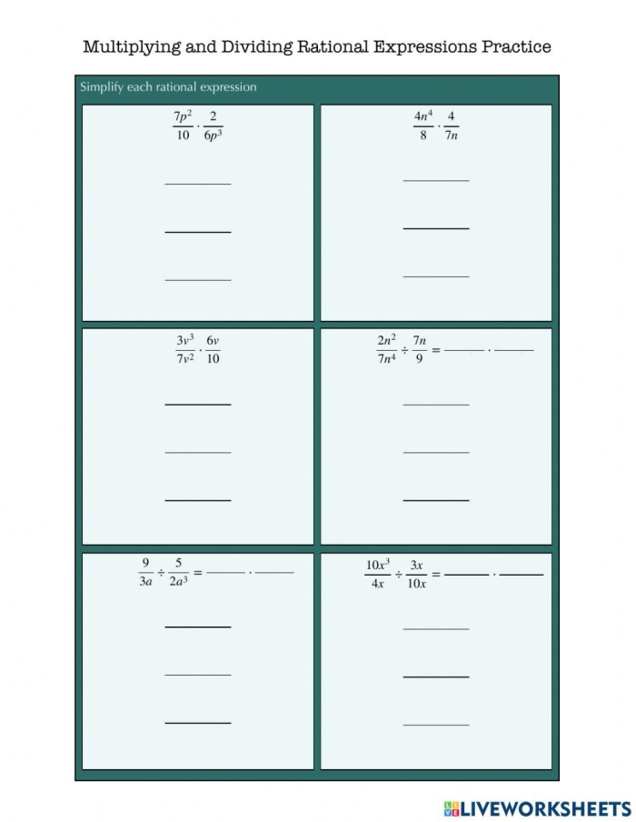 Seventh-grade worksheet on multiplying and dividing rational numbers, including fractions and decimals Worksheet featuring practice problems for multiplying and dividing rational numbers, designed for seventh graders