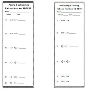 Worksheet for adding and subtracting rational numbers including fractions and decimals for seventh graders