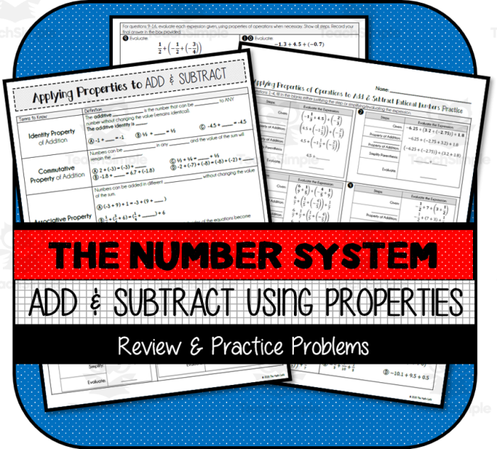Seventh-grade math worksheet for adding and subtracting rational numbers with fractions and decimals